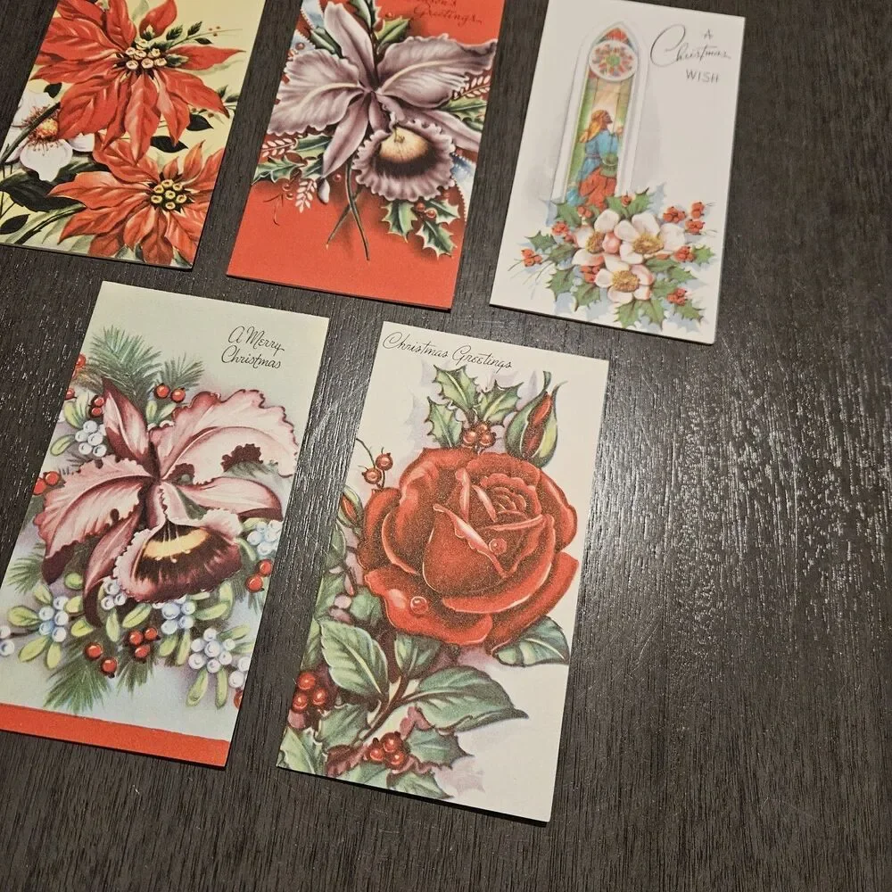 Lot of 5 Vintage CHRISTMAS Cards With Envelopes Diamond Line USA Florals